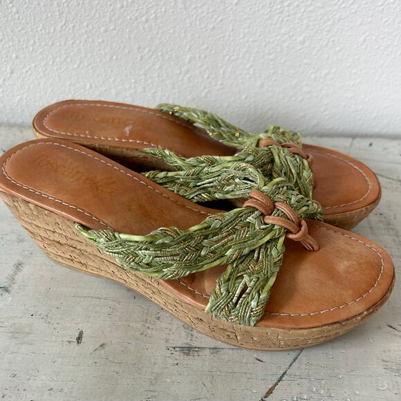 Toscanella leather and fabric platform cork flip flops made in Italy boho sage 7 - Picture 9 of 13